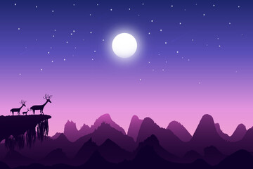night, moon, sky, stars, star, landscape, nature, tree, dark, silhouette, vector, illustration, space, blue, light, 