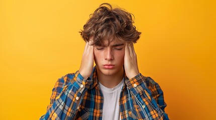 Young handsome man over isolated background suffering from headache desperate and stressed because pain and migraine, Hands on head
