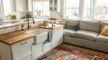 Family-friendly living room with inviting kitchen, farmhouse sink, butcher block countertops, white subway tiles, sectional sofa, colorful rug.