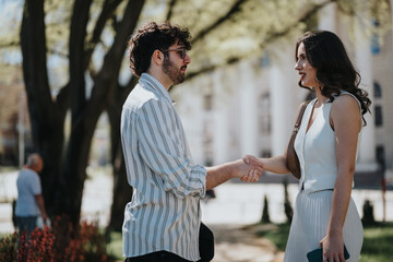 Two professional business people shaking hands outside, sealing a deal under the sunlight surrounded by greenery.