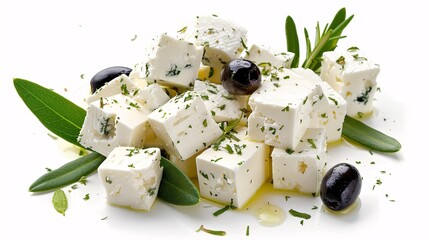 Heap of diced soft cheese isolated on white background, top view
