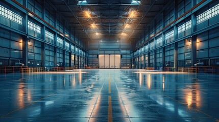Minimalist dark huge industrial warehouse with, concrete, architectural, large scale. Generative AI.