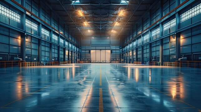 Minimalist dark huge industrial warehouse with, concrete, architectural, large scale. Generative AI.