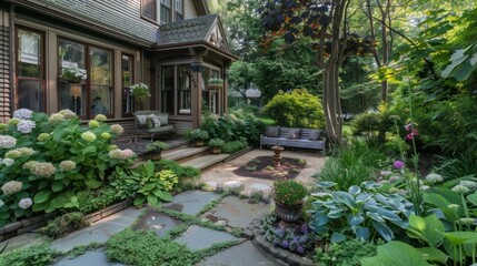 Fototapeta premium Suburban Victorian home with a series of hidden nooks throughout the garden, each designed as a small retreat with seating and surrounded by lush plantings