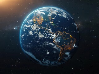 Highly detailed and colorful image of Earth from space, showcasing continents, oceans, and atmospheric clouds under sunlight.