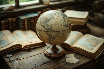 Vintage globe and open maps on a wooden desk, surrounded by books, creating an academic and explorative atmosphere.