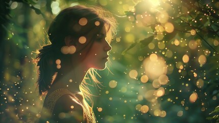 a woman in a forest, with a soft focus and bokeh effect capturing the dappled sunlight filtering through the trees and creating an ethereal background. 