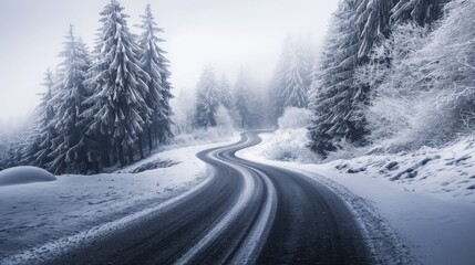 A winding road through a snow-covered forest with tall pine trees and frosty landscapes on a foggy winter day.