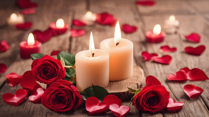 wooden background with roses and petals with empty space for greeting message. Love and greeting concept design. AI generated image, ai