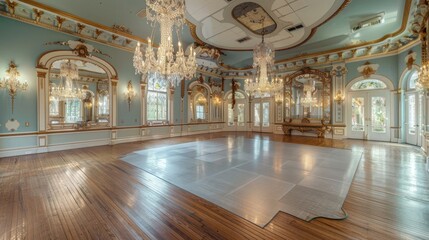 Suburban Victorian home with a grand ballroom, complete with crystal chandeliers, gilded mirrors, and a sprung dance floor for hosting events