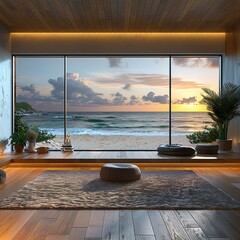 Fototapeta premium Creative interior concept. Wide large window oak wooden room gallery opening to beach sunset landscape