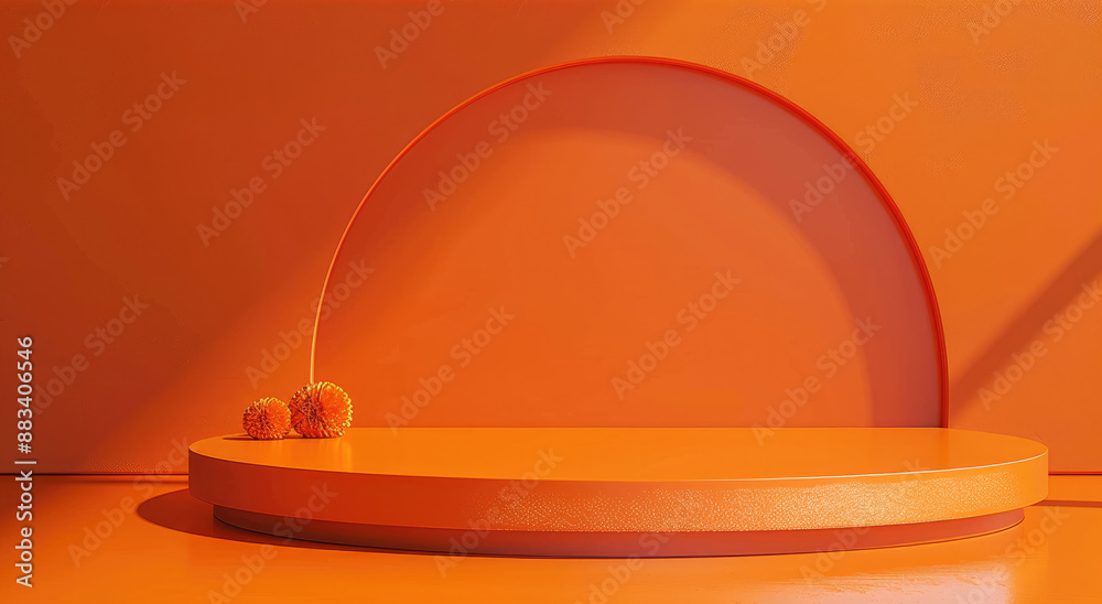 Poster vibrant orange background with a glossy podium mockup. generative ai.
