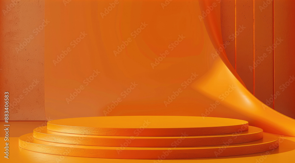 Poster vibrant orange background with a glossy podium mockup. generative ai.