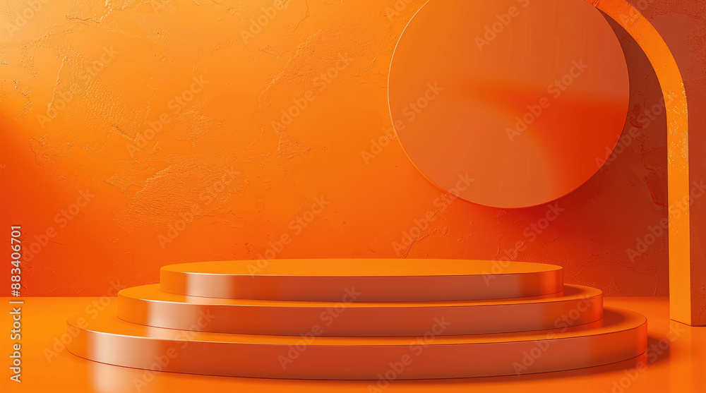 Poster vibrant orange background with a glossy podium mockup. generative ai.