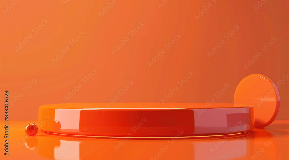 Poster vibrant orange background with a glossy podium mockup. generative ai.