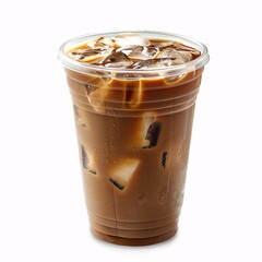 Iced coffee in plastic disposable togo cup or coffee latte in take away or to go cup isolated on white background including clipping path front view