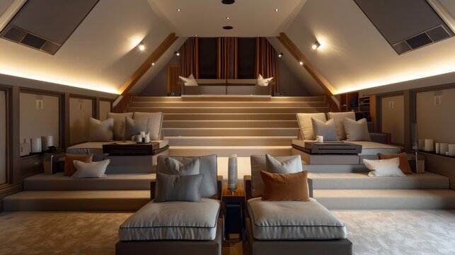 Suburban Contemporary attic conversion featuring a home cinema with tiered seating and surround sound