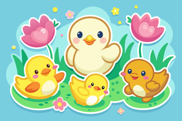  Cute ducks, sticker sheet, vector art illustration