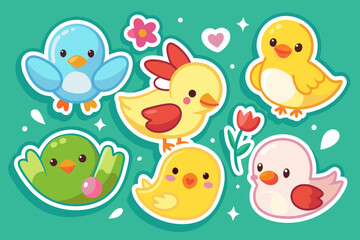  Cute ducks, sticker sheet, vector art illustration