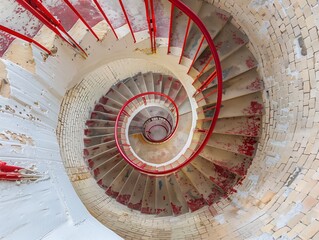 A spiral staircase inside the lighthouse, with red railings and beige brick walls, offering an aerial view of its circular shape and vibrant colors.