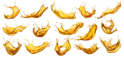 Naklejka premium set collection of golden transparent olive or oil splash isolated white background. liquid gold cosmetics and food industrie concept.