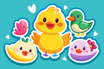  Cute ducks, sticker sheet, vector art illustration