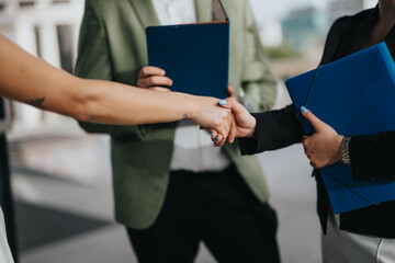 Coworkers in formal attire shaking hands outside an office building. Professional interaction symbolizing partnership, agreement, and teamwork.