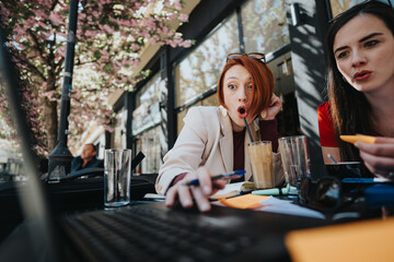 Two businesswomen engage in a strategic discussion at an outdoor cafe with documents and a laptop.