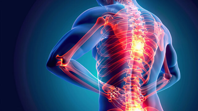 Futuristic biomedical concept of a holographic scanning a patient's backbone for spinal disc herniation diagnosis 3d illustration, 3d rendering with copy space	