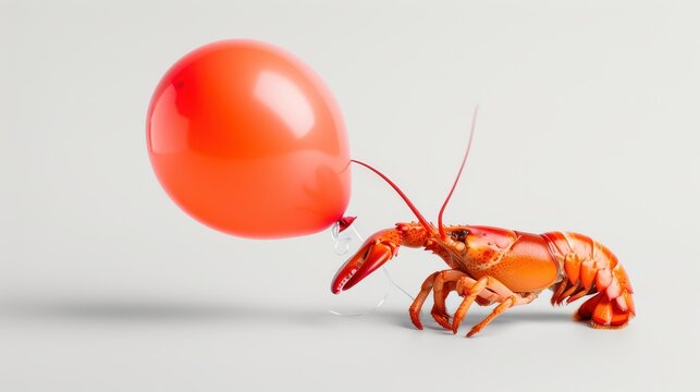 A whimsical image of a lobster grasping a red balloon with its claws, set against a clean white background. This playful composition brings sea life and fun together.
