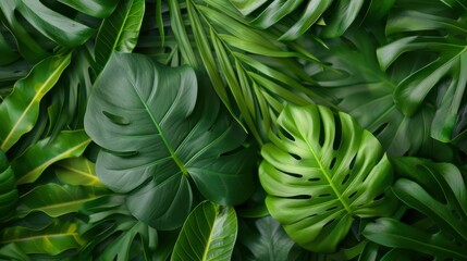 Obraz premium An assortment of vibrant green tropical leaves arranged in a dense pattern, showcasing the rich diversity and lush beauty of rainforest vegetation with striking textures and shapes.