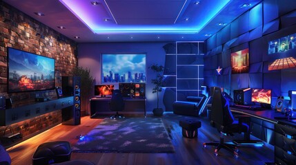 Suburban Contemporary game room with high-tech gaming setups, mood lighting, and soundproof walls