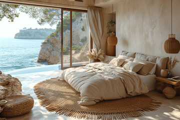 Modern bedroom with boho interior design showcasing a bed adorned with beige bedding set against a spacious panoramic window overlooking the sea © Martinesku