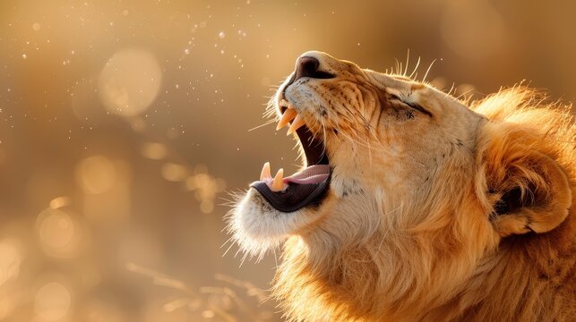 A powerful image capturing a majestic lion with mouth wide open as it roars, bathed in warm sunlight, showcasing the strength and ferocity of the wild feline king.