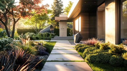 Obraz premium Suburban Contemporary home's front yard featuring sculptural landscaping and pathway leading to a bold, angular door