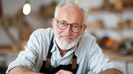 An elderly man is seated in a workshop, wearing an apron and seemingly taking a break, surrounded by tools and machinery, reflecting the hardworking spirit of craftspeople.