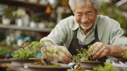 An elderly man with grey hair, wearing an apron, smiles joyfully as he tends to bonsai plants in a cozy garden setup, showing his love for gardening and nature.