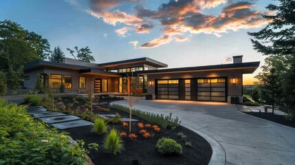 Suburban Contemporary home with an innovative driveway design, using eco-friendly materials and creative landscaping