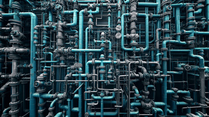 Intricate network of industrial pipes and valves, showcasing detailed engineering and complex design.