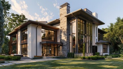 Suburban Contemporary home with an architectural focus on vertical elements, such as tall windows and a striking chimney