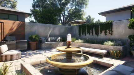 Fototapeta premium Suburban Contemporary home with a courtyard featuring a modern fountain, seating area, and privacy walls