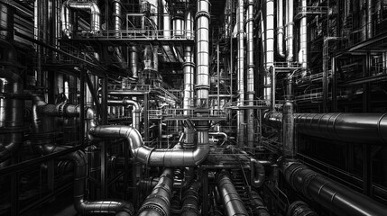 Complex network of industrial pipes and metallic structures creating an intricate, futuristic design with gleaming, polished surfaces.