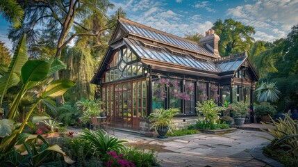 Suburban Victorian home with a restored vintage glasshouse, used for growing exotic orchids and hosting small garden tea parties