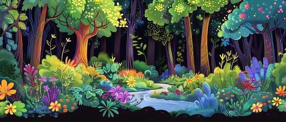 Whimsical vibrant forest path with a babbling brook