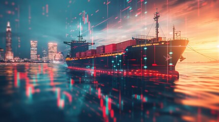 A cargo ship carrying containers sails through digital abstract elements with a city skyline in the background at sunset.