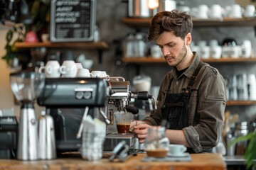 Young man barista making coffee in a café