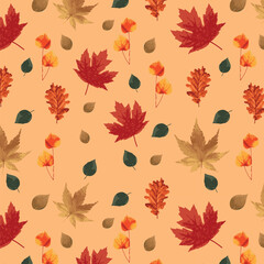 Seamless pattern of beautiful autumn leaves with beige background.