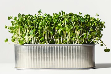 Fototapeta premium The sprouts are emerging from a tin can against a white backdrop