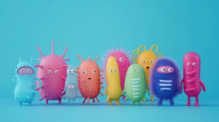 Colorful and adorable cartoon-style bacteria characters on a blue background, showcasing various shapes and cute expressions.