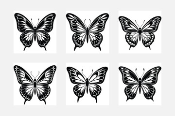 Drawing butterflies. Stencil butterfly, moth wings and flying insects. Butterflies tattoo sketch, flying insect Set